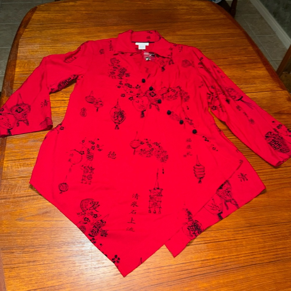 Soft Surroundings Oriental Lantern Theme 100% Rayon Asymmetrical Hem Tunic Top